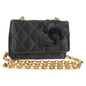 CHANEL Matelasse Camellia Chain Shoulder Bag Satin Gray Gold CC Auth 143981V
